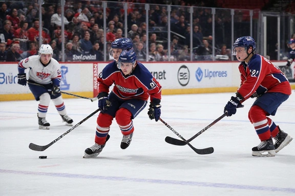 Modern image of a youth ice hockey game in action