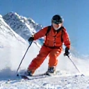 Action shot of Diego Sanchez, a young male alpine skier