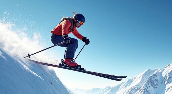 Female ski jumper mid-flight against a snowy mountain backdrop