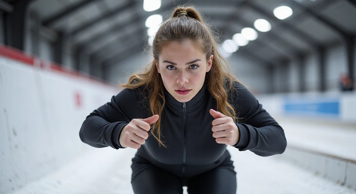 Young female bobsledder pushing off at the start line