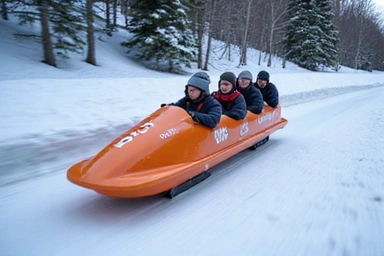Bobsled team speeding down the track
