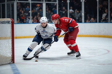 Ice hockey players battling for the puck