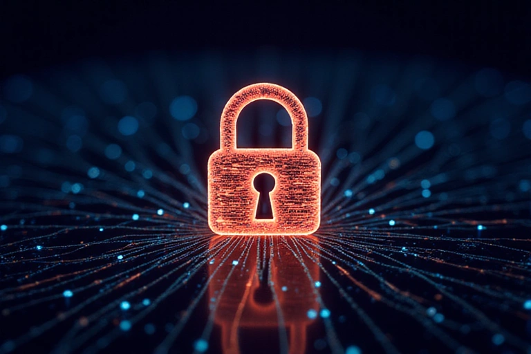 A lock icon surrounded by digital security elements, symbolizing data protection