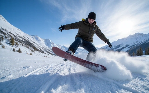 A male snowboarder landing a trick with snow spraying, against a mountain backdrop.
