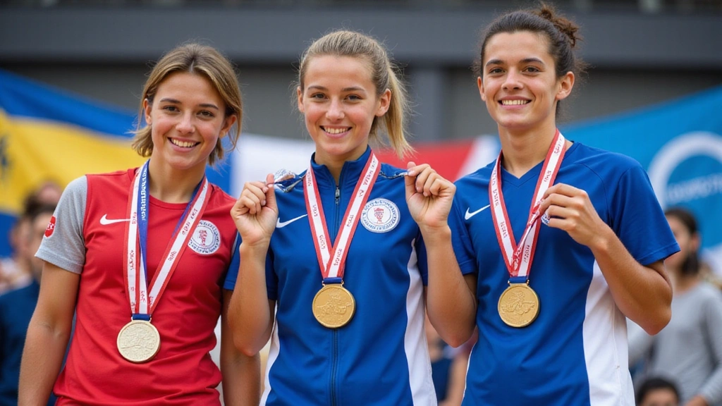 Athletes standing on a medal podium, celebrating with medals around their necks and flags in the background.