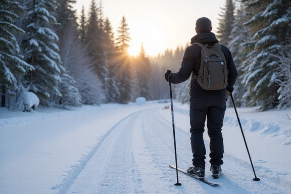Biathlete cross-country skiing with a rifle on their back, in a snowy forested landscape, focused