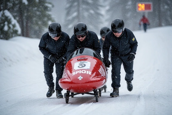 Bobsleigh team pushing their sled at the start of a race, intense effort and synchronized movement, snowy track