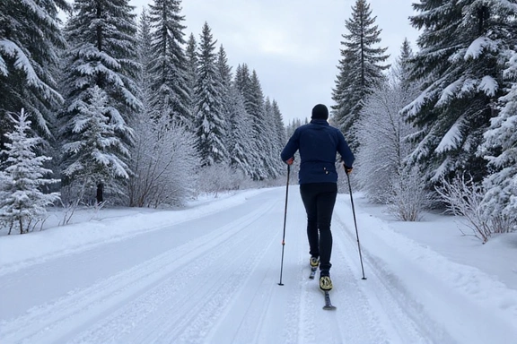 Cross-country skier gliding through a serene snowy forest, focused and in motion, winter landscape