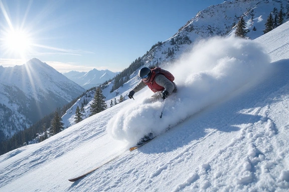 Dynamic shot of a skier gracefully descending a snowy mountain slope with speed and precision