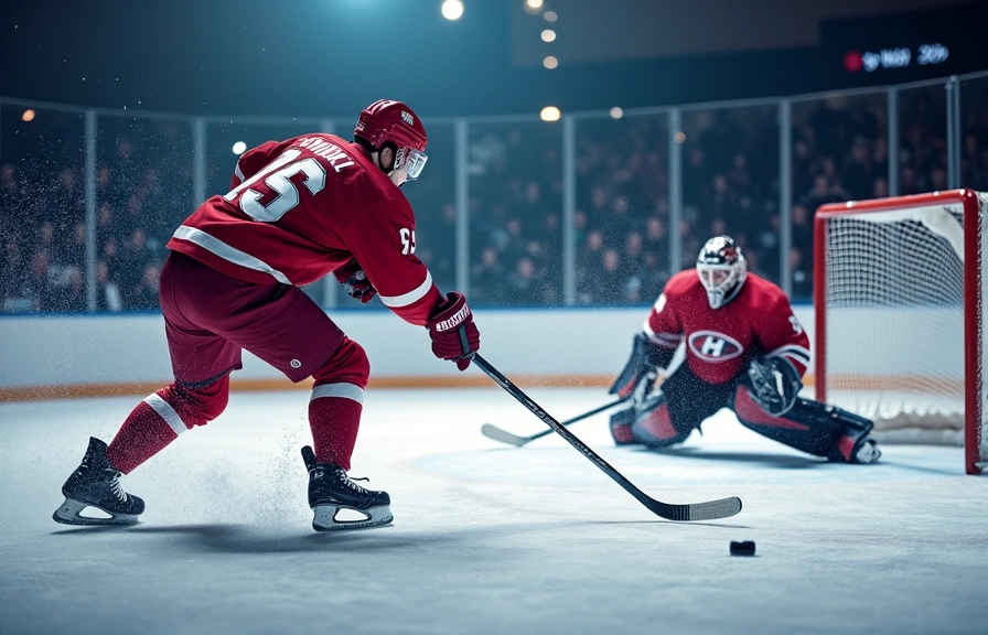 Dynamic shot of an ice hockey player taking a powerful slap shot, puck flying towards the goal, goalie in defensive stance