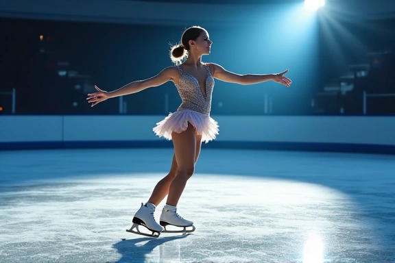 Figure skater performing an elegant spin on ice, dressed in a sparkling costume, with spotlights illuminating the rink