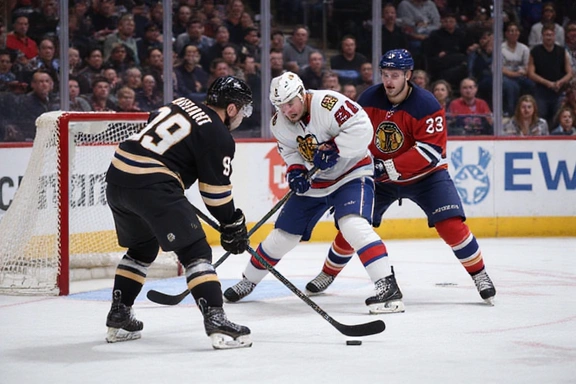 Intense ice hockey action with players battling for the puck in front of the net, dynamic motion blur