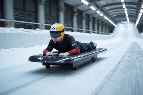 Luge athlete in a low, aerodynamic position on their sled, speeding down an icy track, blurred background