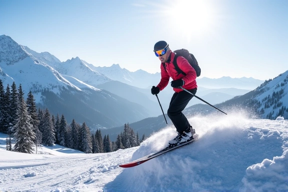 Nordic combined athlete landing perfectly from a ski jump, transitioning to cross-country skiing, snowy mountains