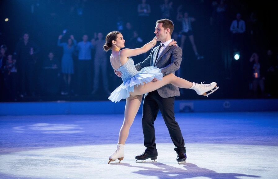 Pair figure skaters performing a spectacular lift, one skater holding the other aloft, on a brightly lit ice rink