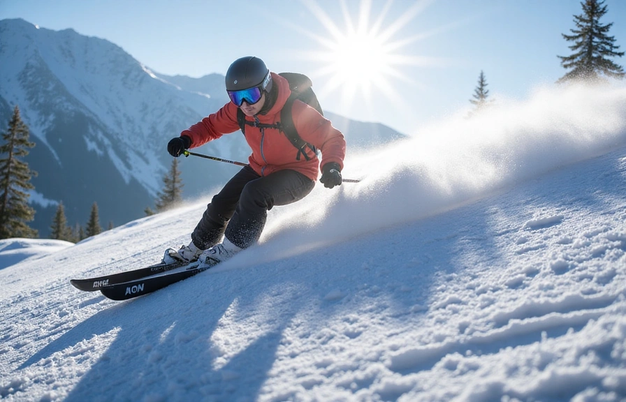 Professional alpine skier carving a sharp turn on a steep, snowy slope, sun glinting off the snow