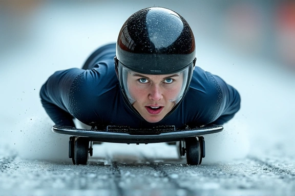 Skeleton athlete racing head-first down an icy track, intense expression, speed blur
