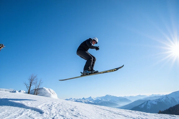 Ski jumper suspended in mid-air against a clear blue sky, perfectly balanced, large ski jump in background
