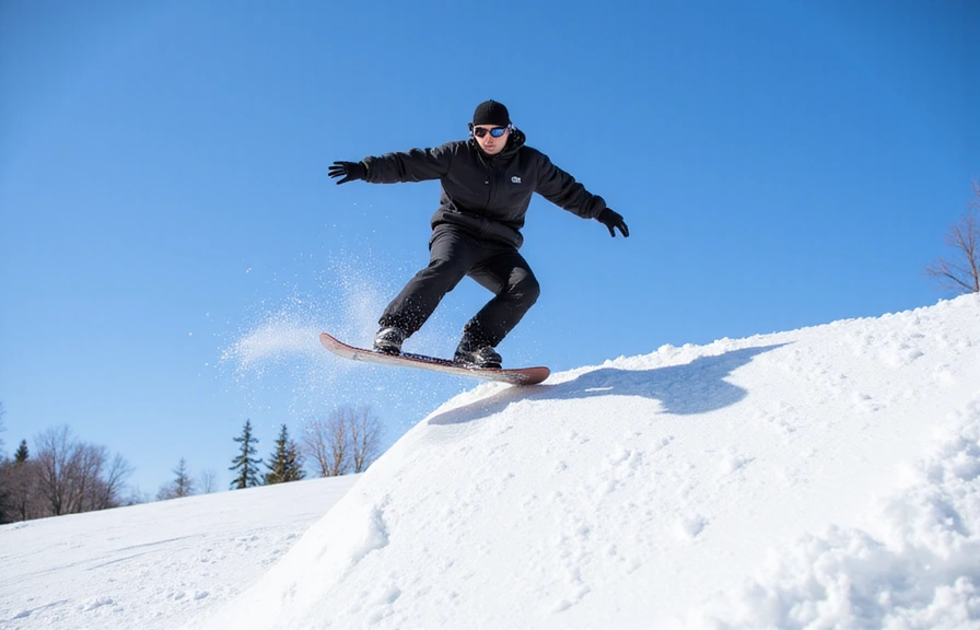 Snowboarder executing a perfect 360-degree spin off a jump in a snow park, clear blue sky