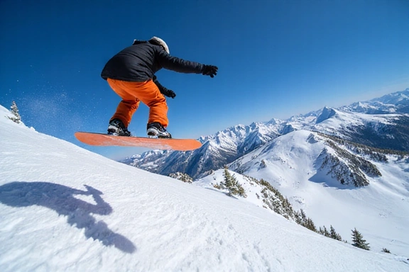 Snowboarder mid-air performing a grab trick against a backdrop of a clear blue sky and snow-capped peaks
