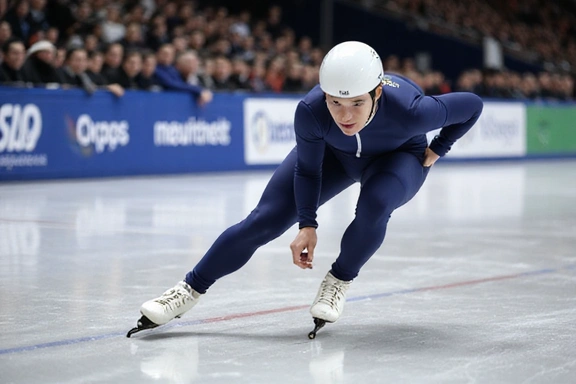 Speed skater in full race crouch, leaning into a turn on a long track, blurred background indicating motion