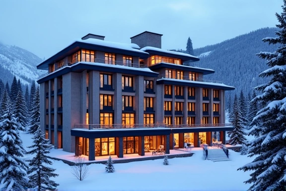 Luxury hotel exterior with snow